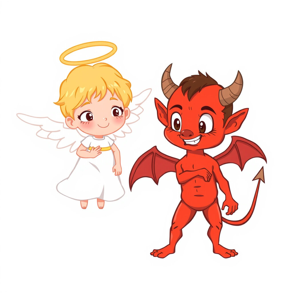 čert v kožichu a blonďatý anděl bez ocasu s bílými šaty,… čert v kožichu a blonďatý anděl bez ocasu s bílými šaty,…