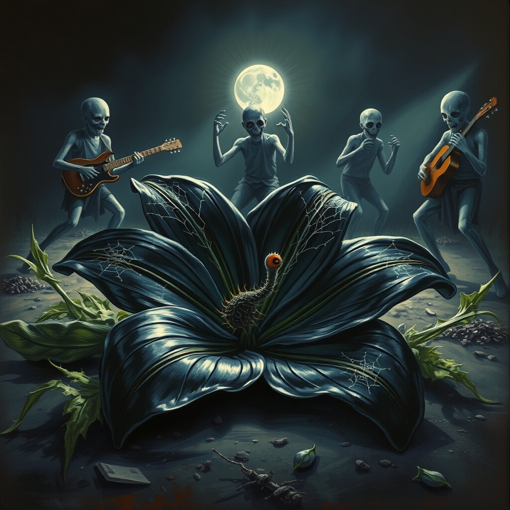 Ilustrace cerne lilie ktera lezi na zemi.Lilie je leskle… Ilustrace cerne lilie ktera lezi na zemi.Lilie je leskle…