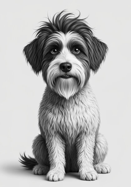 Black and white dog, sitting, shaggy fur, cartoon style,…