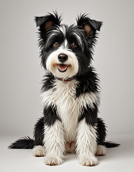 Black and white dog, sitting, shaggy fur, cartoon style,…