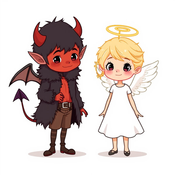 čert v kožichu a blonďatý anděl bez ocasu s bílými šaty,…