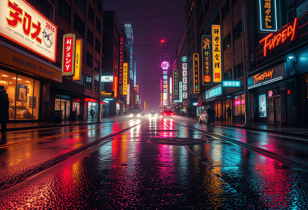 Cyberpunk město v dešti, neonové ulice, odlesky na asfaltu,…