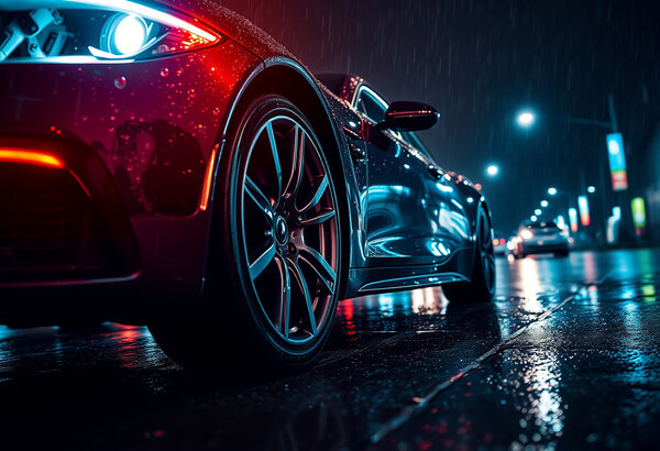 Luxusní automobil v dešti pod neony, nízký úhel, Kapky na…