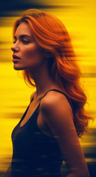 photography, dynamic portrait of a woman, vibrant orange…