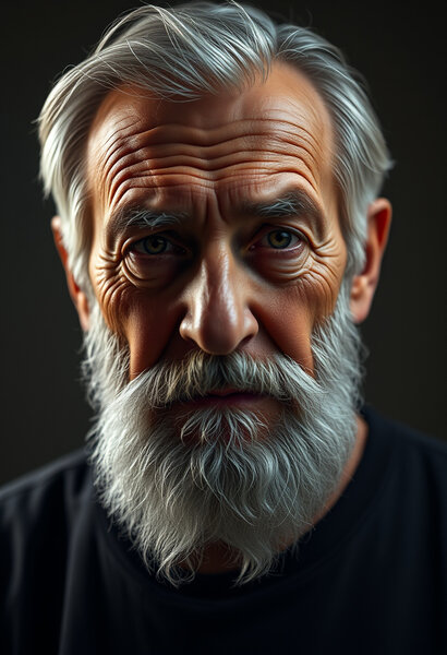 Portrét seniora, realistický Rembrandt lighting, detail…
