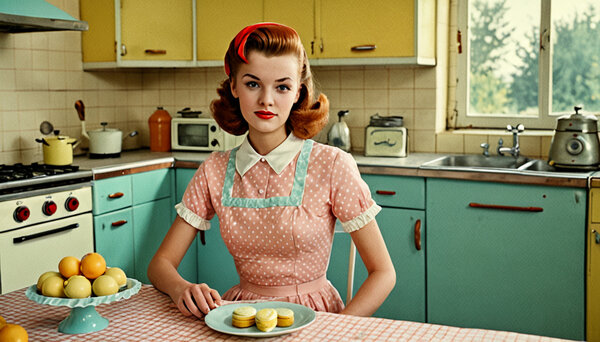Retro kuchyně 60. let, pastelové spotřebiče a zrno filmu,…