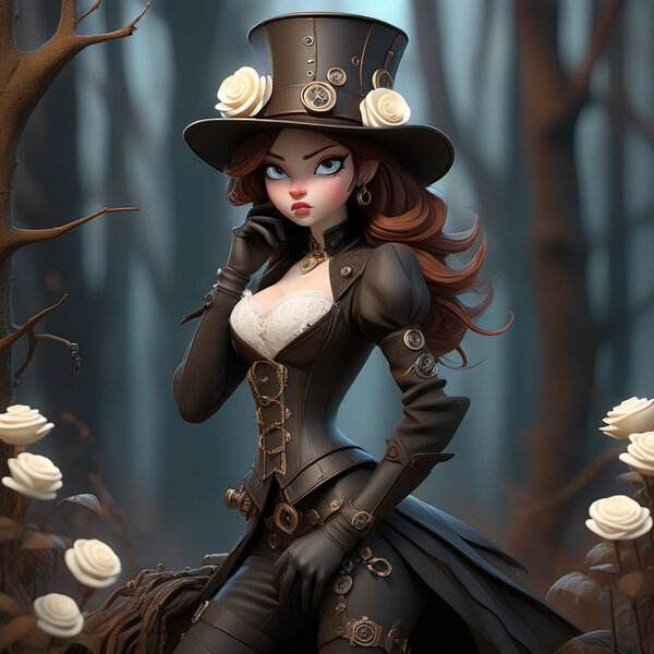 Steampunk gotická žena v měsíčním světle fantasy lese,…