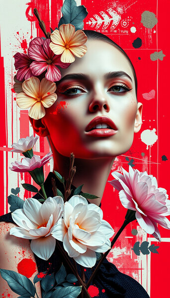 Umělecká koláž avantgardní modelky s abstraktními prvky a…