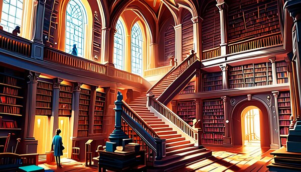 Detailní digitální ilustrace magické knihovny plné schodišť…