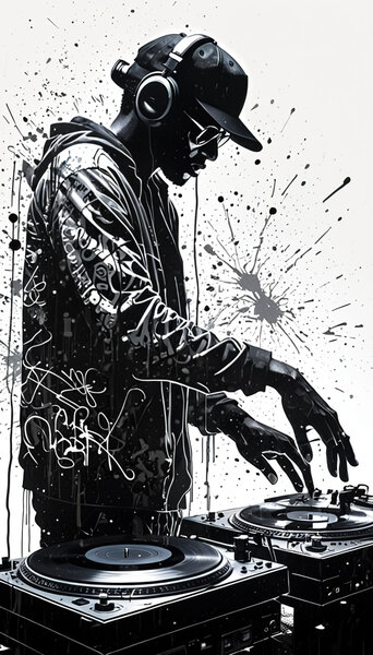 Dvojitá expozice gramofonů, na které hraje silueta muže,…