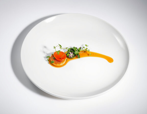 Luxusní gastronomie – fine-dining plating 2025, bílý talíř,…