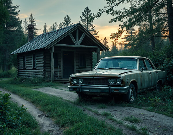 Obrázek ukazuje starou, zchátralou srubovou chatu na…