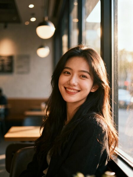 Realistický portrét mladé ženy sedící v kavárně u okna,…