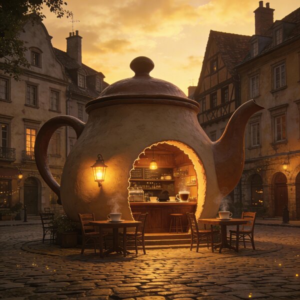 A warm, magical evening town square.
In the center stands a…