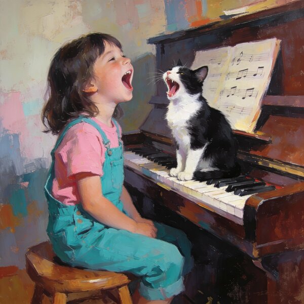 An oil painting of a young girl and a cat singing together…