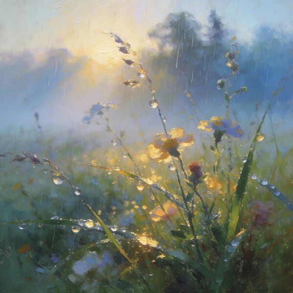 Jemné viditelné mrholení padá na tichou, mlhavou louku brzy…