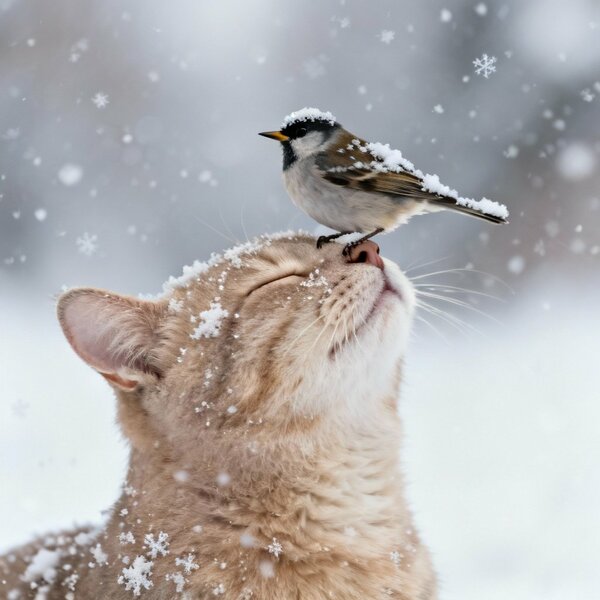 Klidná zimní scéna se světle hnědou kočkou s jemnými…