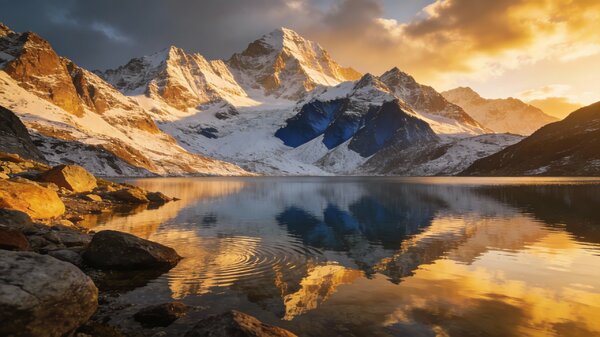 Křišťálové horské jezero při západu slunce s odrazem…