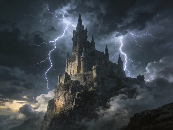 Mystický hrad na vysoké skále obklopený mraky a blesky,…