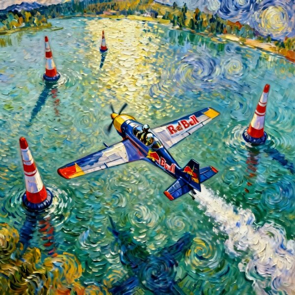 Olejomalba impasto zobrazující dramatickou leteckou scénu s…