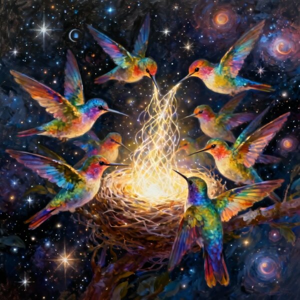 Roj duhových kolibříků pečlivě staví hnízdo ze zářících…