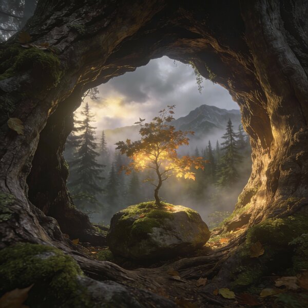 Uvnitř dutého kmene starobylého stromu se rozprostírá…